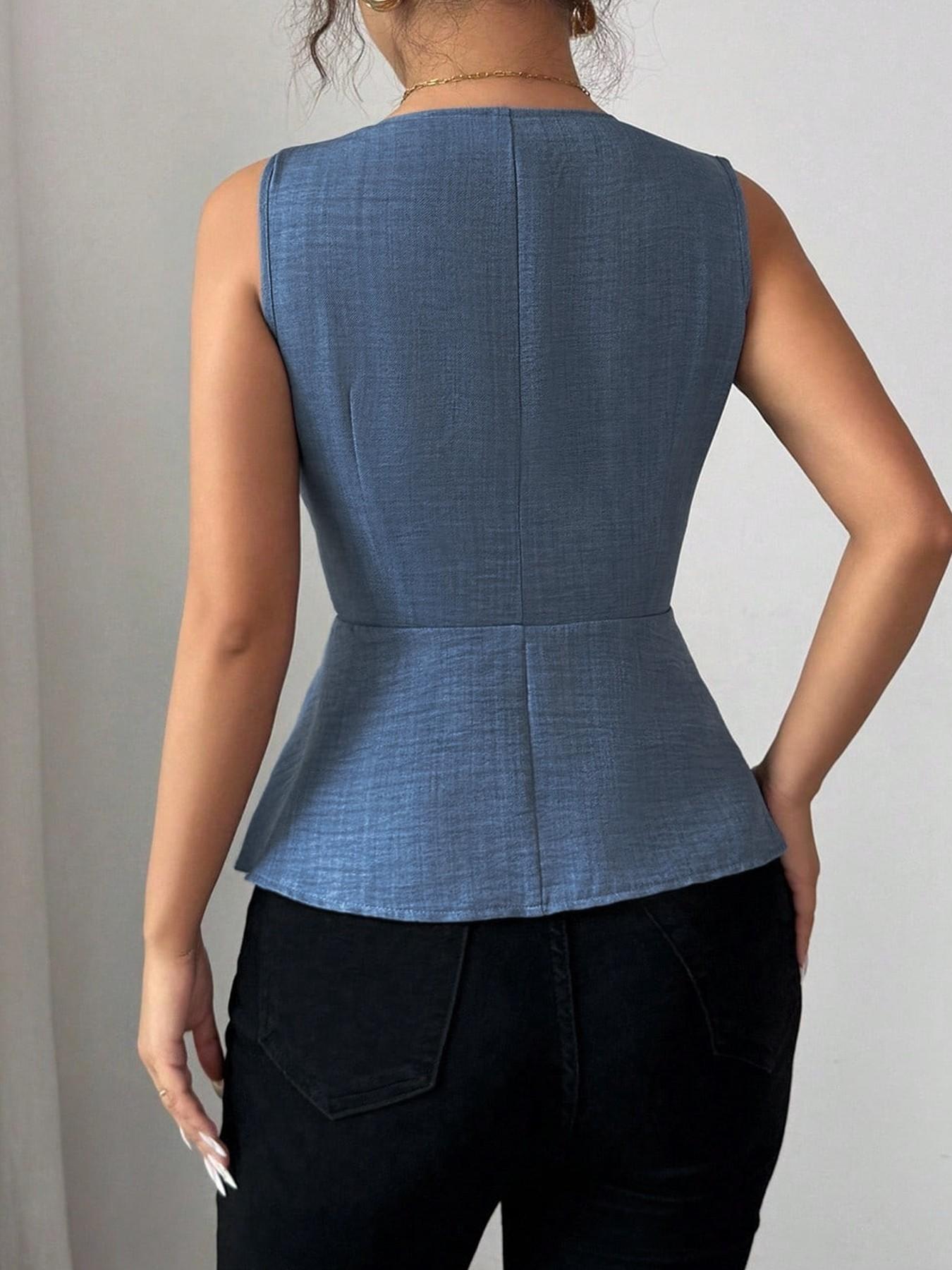 Women's Solid Color V-Neck Sleeveless Blouse Top, Metal Buckle Detail, Peplum Hem, Waist-Flattering Cut, Breathable Fabric, Office & Casual Summer Wear, Elegant Tailored Style,1 Piece