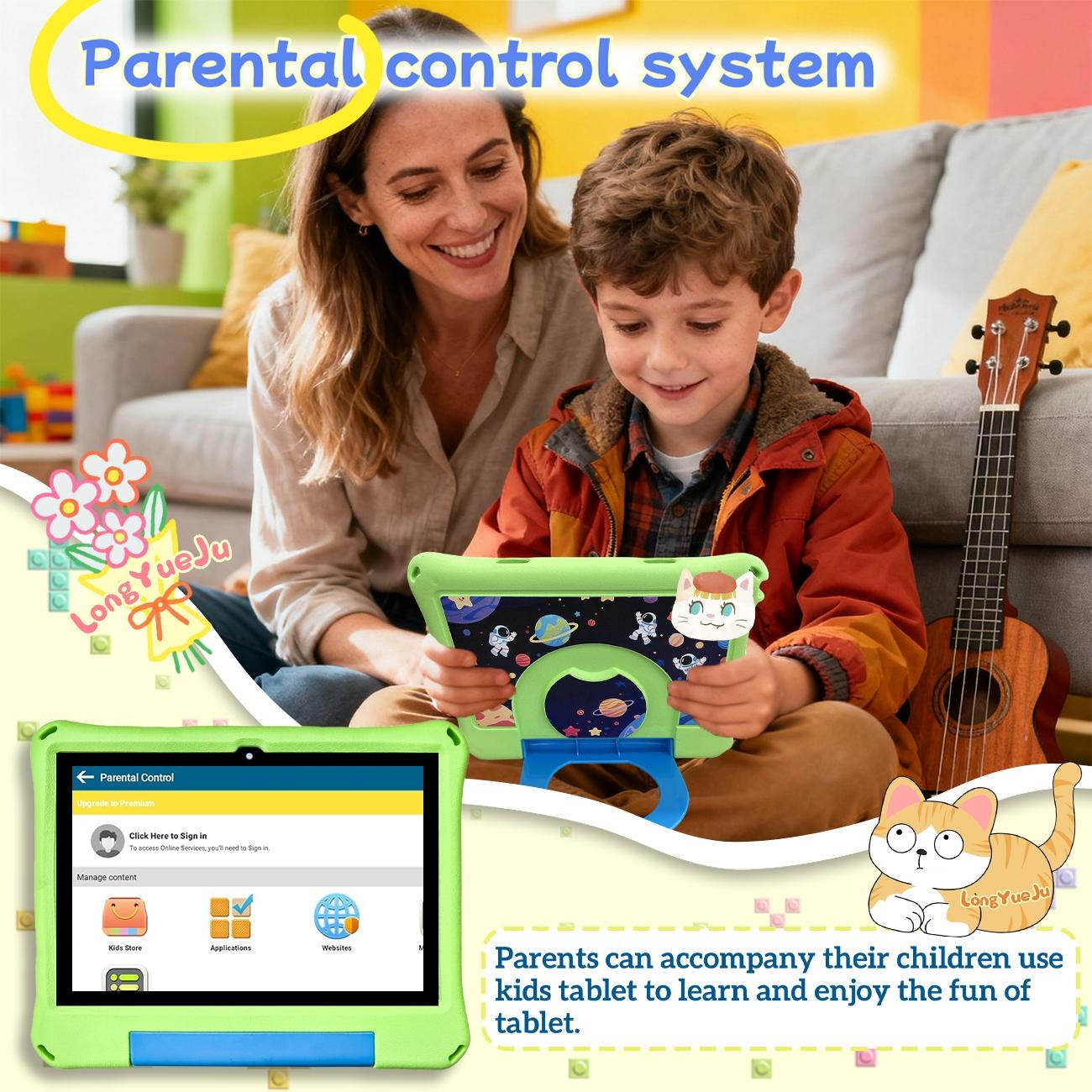 10.1-inch, Smart Android Tablet, Android eight core processor, installed educational software with parental control, time management, suitable for family use, Christmas and Halloween gifts, gifts for boys and girls, no adapter