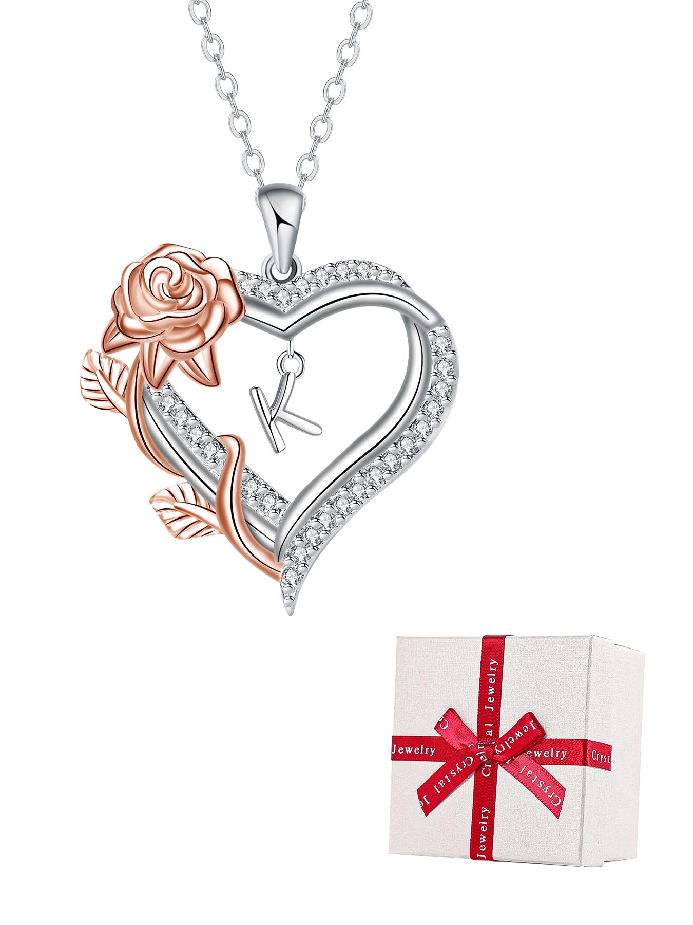 Moss Bear Rose Jewelry Gift Box With Rose Initial Love Heart Necklace for Women, Letter Alphabet Heart Necklace, Heart Design Necklace, Anniversary Birthday Jewelry Gifts for Wife Mom Girlfriend