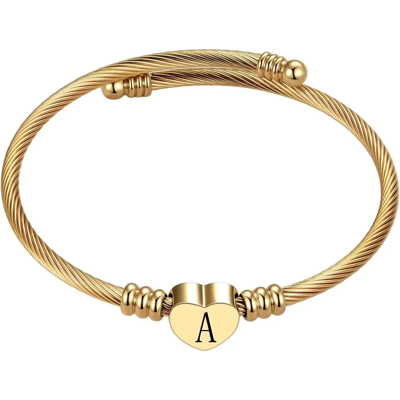 Women's Customizable Expandable Stainless Steel Alphabet Bangle Bracelets - A-Z Letter Charm, Heart Accent, Anniversary Fashion Costume Jewelry (Letter S)