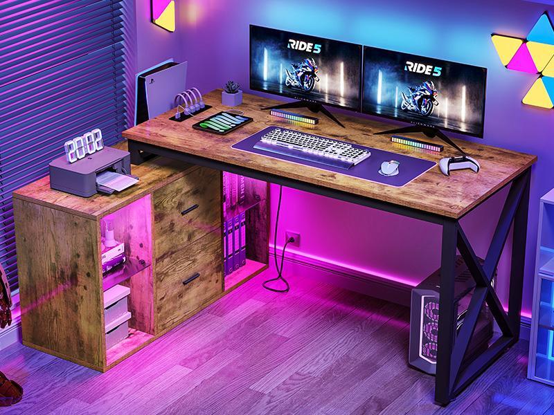 DWVO L Shaped Desk with Power Outlets & File Cabinet, 55" Reversible Corner Computer Desk with Drawers & LED Lights, L-Shaped Desk with 4 Glass Open Storage Shelves