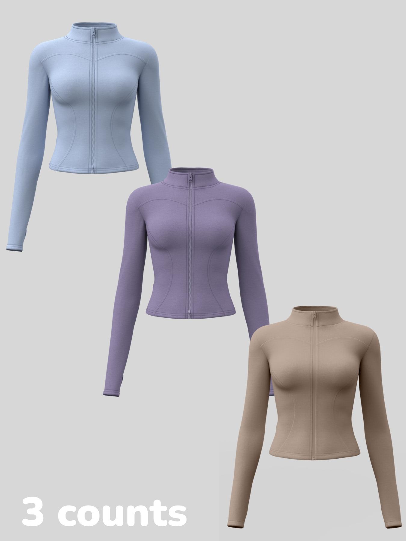Women's Long Sleeve Yoga Jacket Set, Sports Outerwear, High Neck Zipper Closure, Quick-Dry Fitness Top, Tight-Fitting Sports Wear, Athletic Sports Clothing, 3 Piece Pack