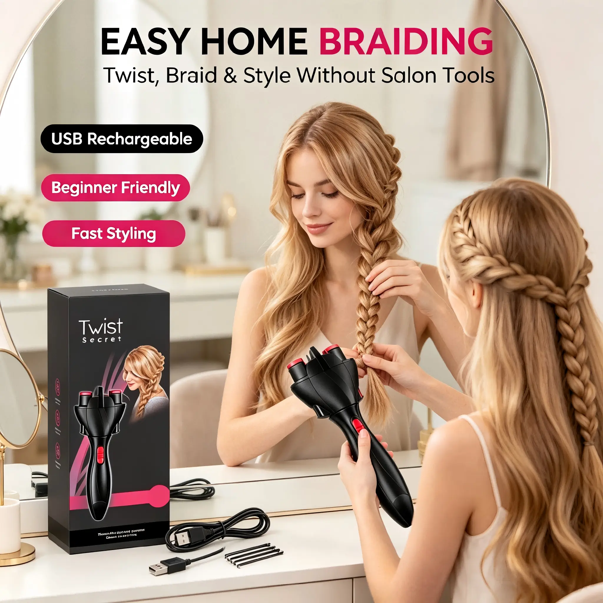 Automatic Hair Braiding Machine - 360° Rotatable, USB-Charging, White Battery-Free, Portable, User-Friendly Hair Styling Tool for All Types, Ideal for DIY Braids (Popular in Europe & America)