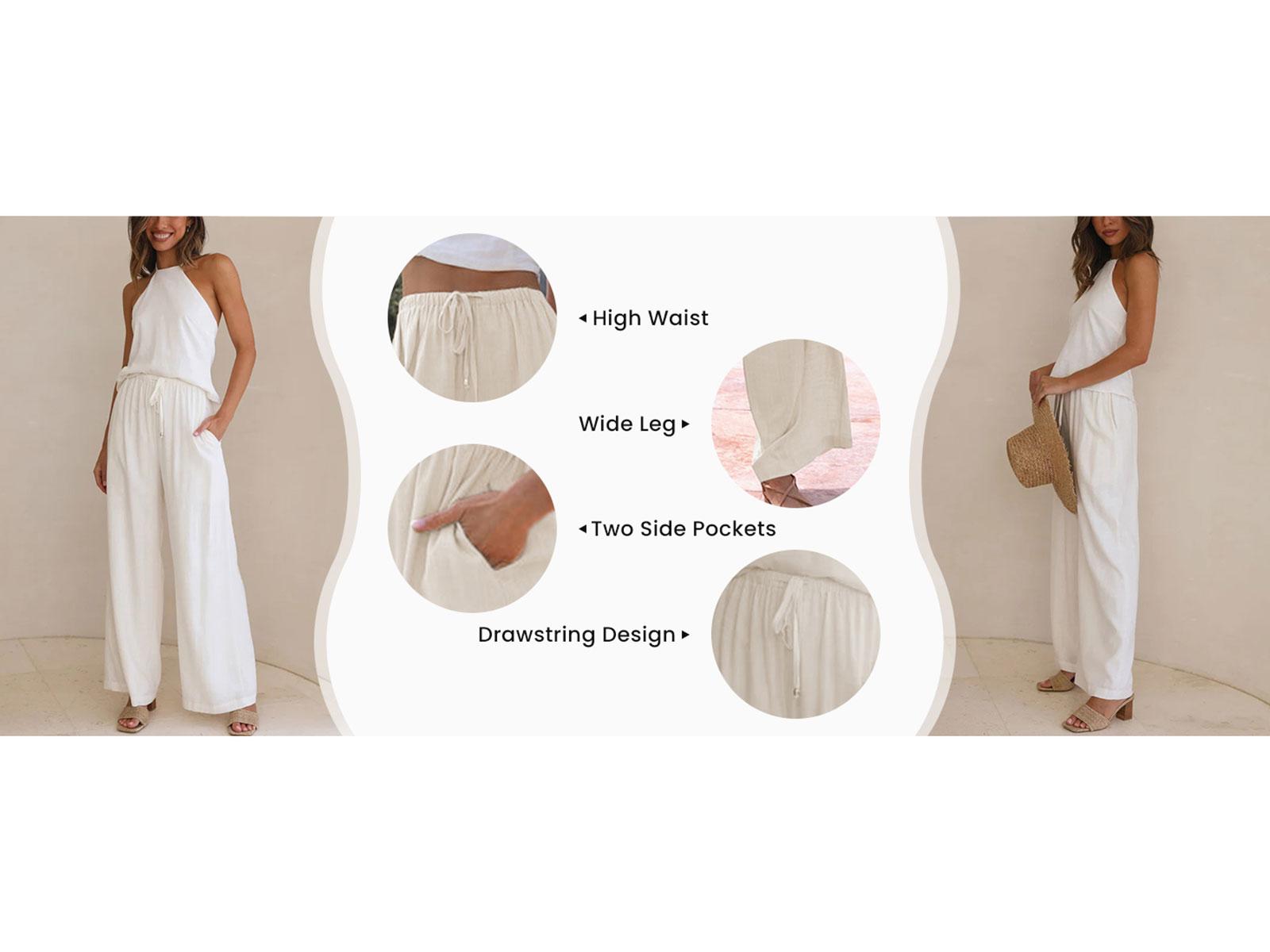 Yeokou Women's  Cotton Linen Summer Palazzo Pants Flowy Wide Leg Beach Trousers with Pockets