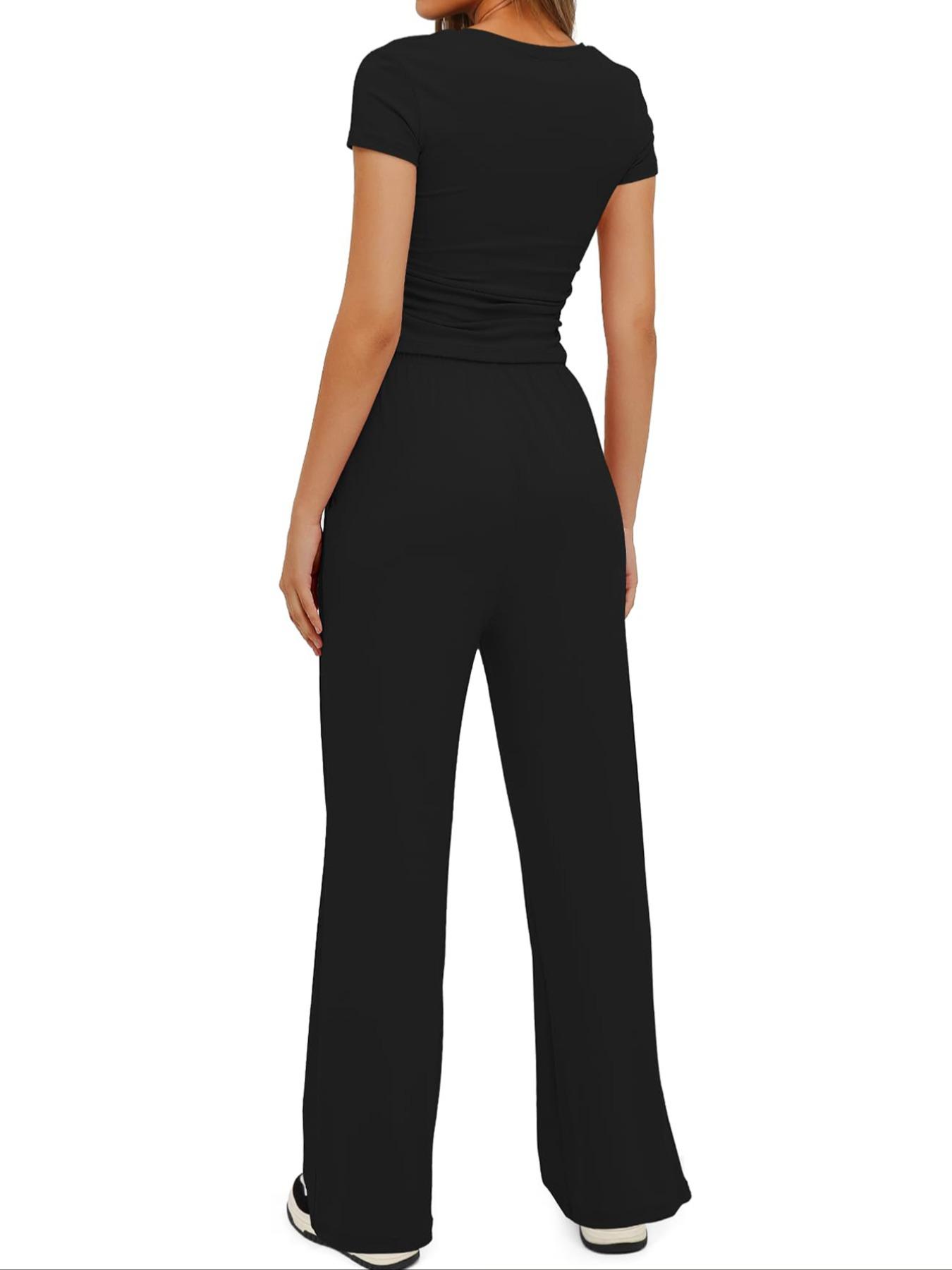 Summer 2 Piece Set for Women, Ruched Short Sleeve Tops, Wide Leg Pants with Pockets, Drawstring, Adjustable, Casual Tracksuit, Ladies Loungewear, Clothes