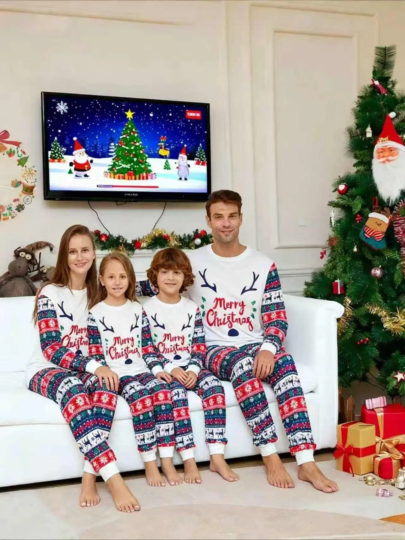 2-Piece Christmas Pajama Set, Long Sleeve and Pants, Reindeer Print, Couples Sleepwear, Men Women Kids, Holiday Family