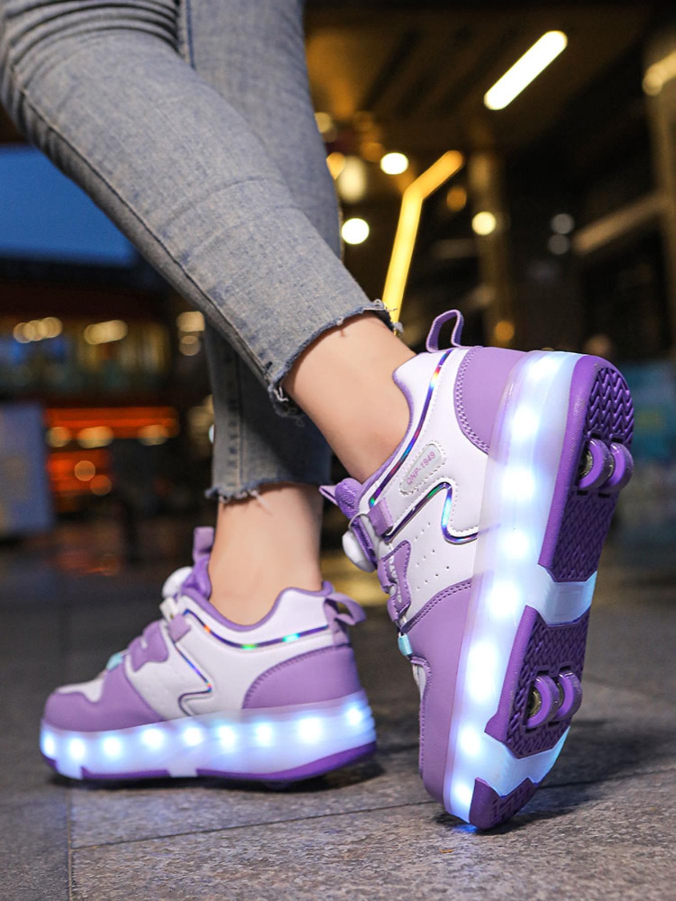 Girls' Four-Wheel Roller Skates, Adjustable LED Light-Up Shoes, PU Leather, USB Charging, Detachable Wheels, All-Season Casual Style