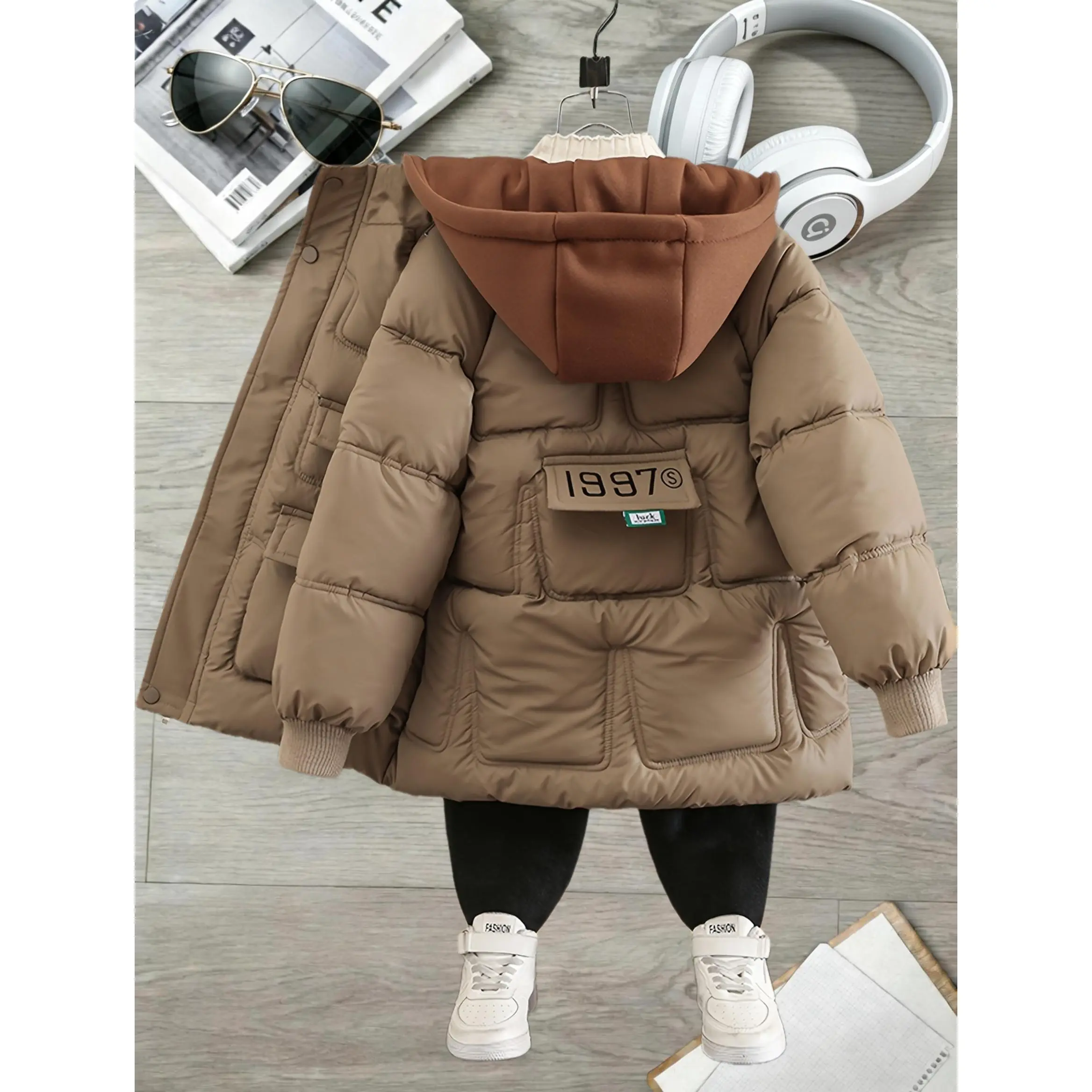 Boys' Autumn/Winter Thick-Lined Hooded Jacket - Letters Print Kids' Washable Outerwear Snowsuit, Letters Boys' Jackets