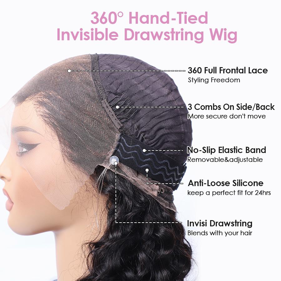 Pizazz Hair Hidden Strap 360 Lace Front Wigs Human Hair Pre Plucked Pre Bleached Knots 220 Density Water Wave HD Lace Frontal Wig with Drawstring Curly Full Lace Front Wigs for Women