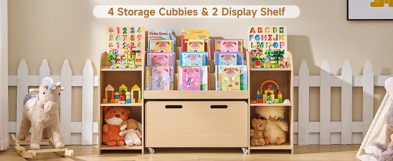 ONBRILL Kids Bookshelf with Reading Nook, 64.5" Toy Storage Organizer with Movable Bench with 3 Storage, Kids Bookcase with 3-Tier Bookshelf, 6 Storage Cubbies, Toy Box & Chest for Bedroom, Playroom