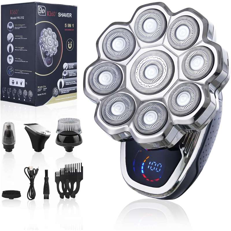 5 in 1 Electric Head Shaver for Men, Waterproof Wet/Dry Grooming Kit, Cordless Rechargeable Razor, Rechargeable Shaver Machine for Home & Travel