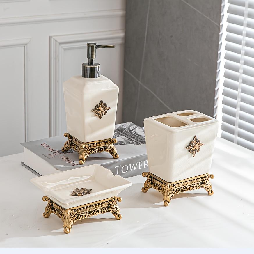 Light Luxury Minimalist Ceramic Ice Crack Pattern Creative Press-Type Hotel Home Bathroom Shower Gel Hand Soap Bottle Toothbrush Holder and Single Bath Accessory Set Bathroom Organizer