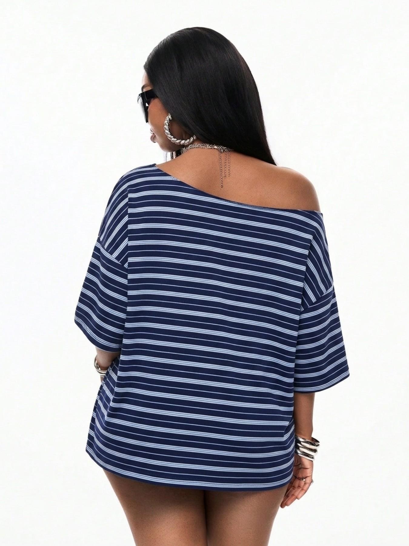 Women Off Shoulder Striped Loose Tee Short Sleeve Oversized Casual Top Y2K Vintage Navy Blue Stripe Slash Neck Relaxed Fit Daily Streetwear Trendy Baggy Basic Blouse Casual Clothing