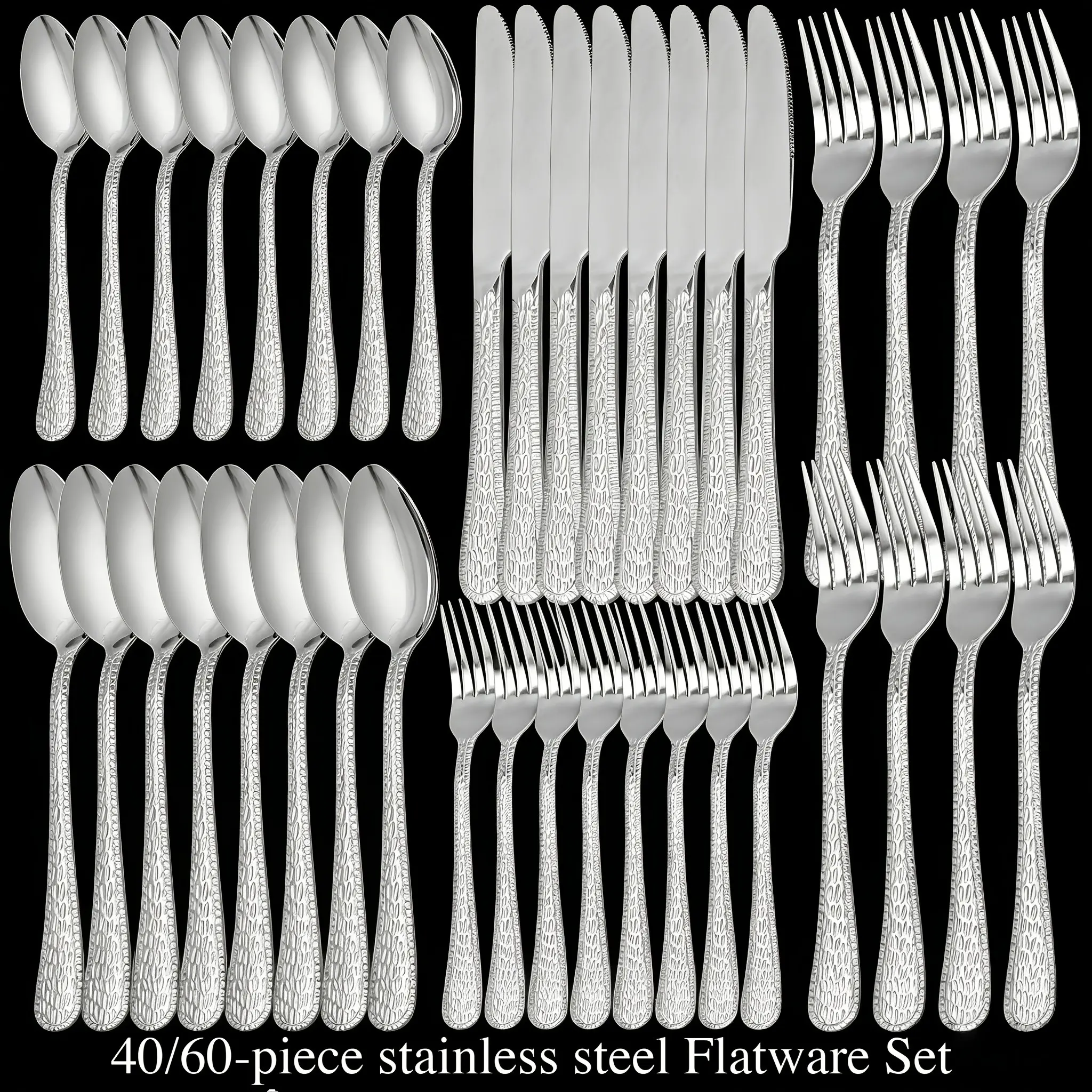 40/60pcs Hammered Stainless Steel Cutlery Set, Silverware Service for 8/12, Mirror Finish, Dishwasher Safe, Textured Handle, Utensil Collection for Home Kitchen & Restaurant