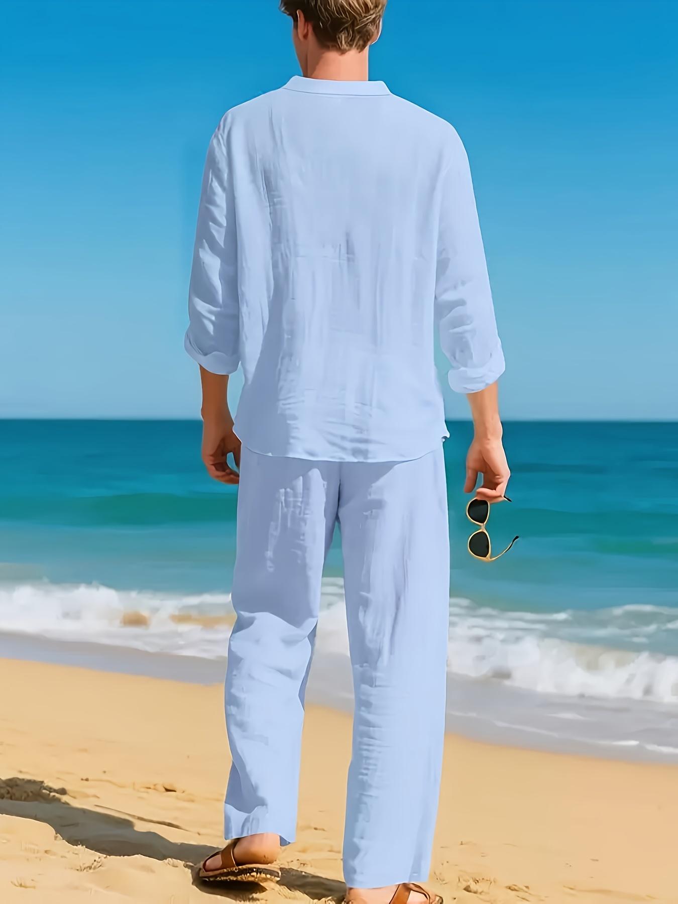 Men's 2-Piece Linen Pajamas & Loungewear Set - Long Sleeve, V-Neck, Loose, Breathable, Casual Menswear for Autumn, Winter