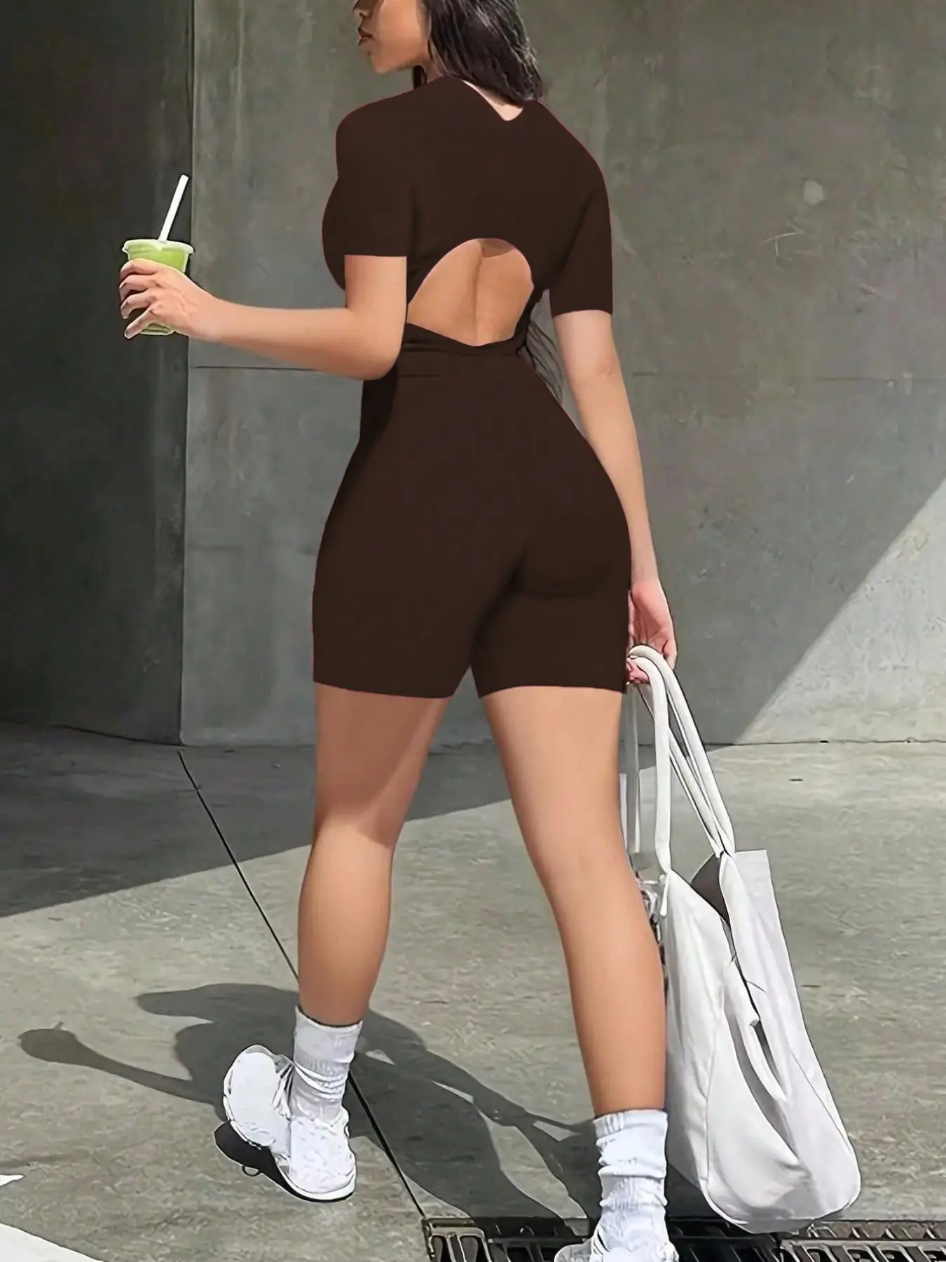 Women's Backless Cutout Romper, Short Sleeve Fit, Casual Summer Style for Curvy Women, Open Back Romper