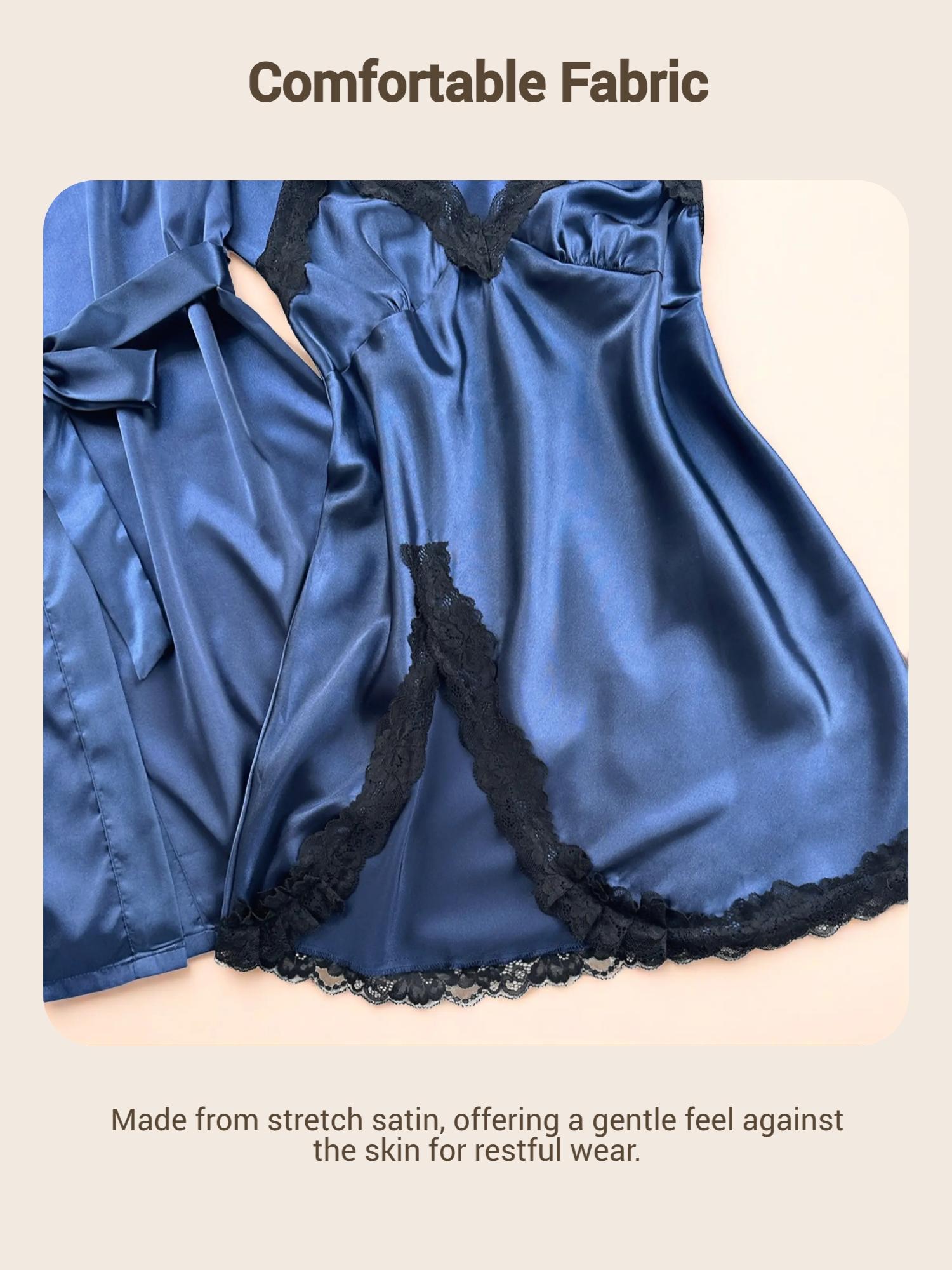 Two-piece Set Women's Solid Belted Satin Robe & Contrast Lace Split Thigh Cami Nightdress, Elegant Comfy Drop Shoulder Long Sleeve Robe & Cami Nightdress Pj Set, Women's Sleepwear for Spring & Fall