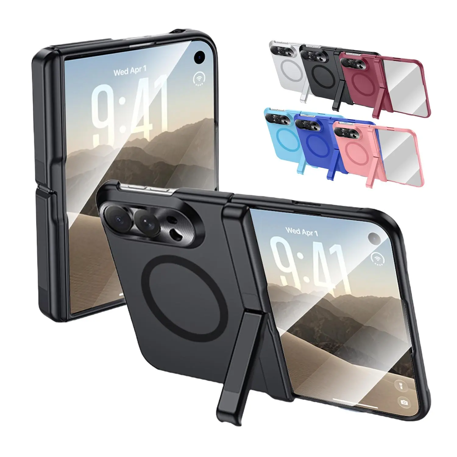 Strong Magnetic MagSafe Case for iPhone Duo with Hidden Kickstand, Built-In Screen Protector, Hinge Protection, Slim Matte Military-Grade Shockproof Phone Cover