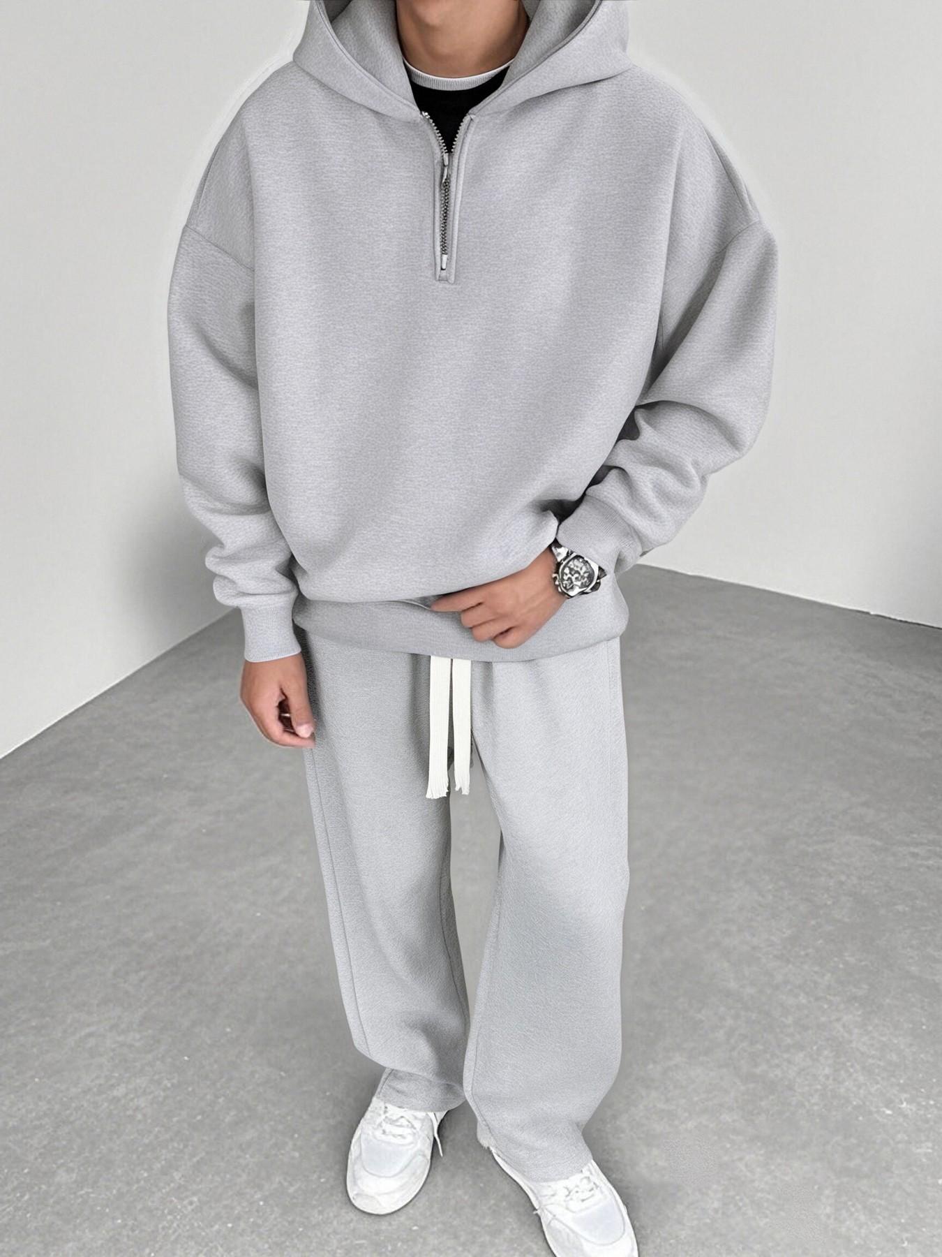 Men's Light Blue Half-Zip Hoodie & Sweatpants Set, Heavyweight Oversized Loungewear, Casual Jogger for Spring & Fall, 9 Colors