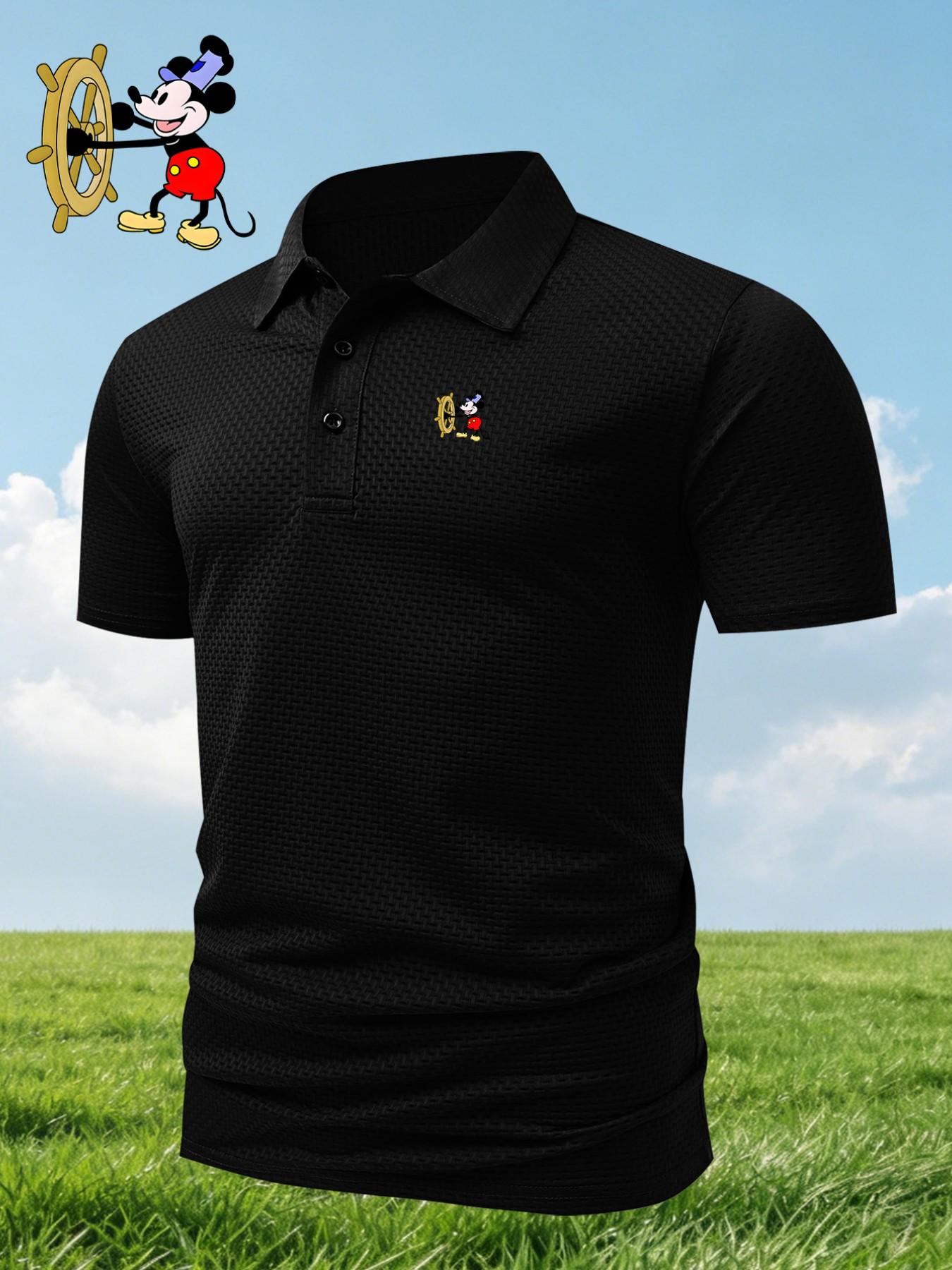 Men's Mickey Mouse Print Polo Shirt, Fitted Casual Geometric Pattern, Breathable Stretch Fabric, All-Season Comfortable Wear