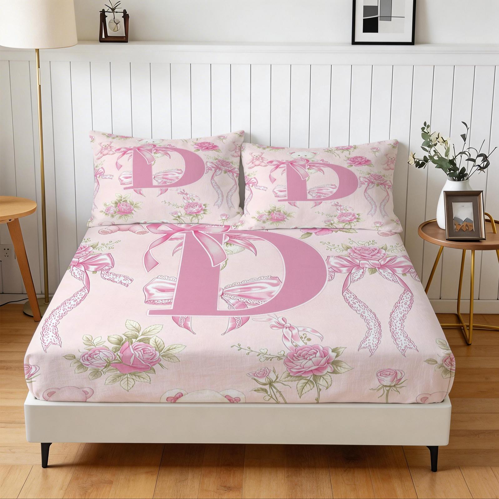 Pink Coquette Initial Letter Fitted Sheet Set, Soft Skin-Friendly, Cute Teddy Bear & Rose Floral Bedding, Girly Bow Print, 3 Pieces (1 Fitted Sheet + 2 Pillowcases), Deep Pocket, Aesthetic Room Decor, Perfect Gift