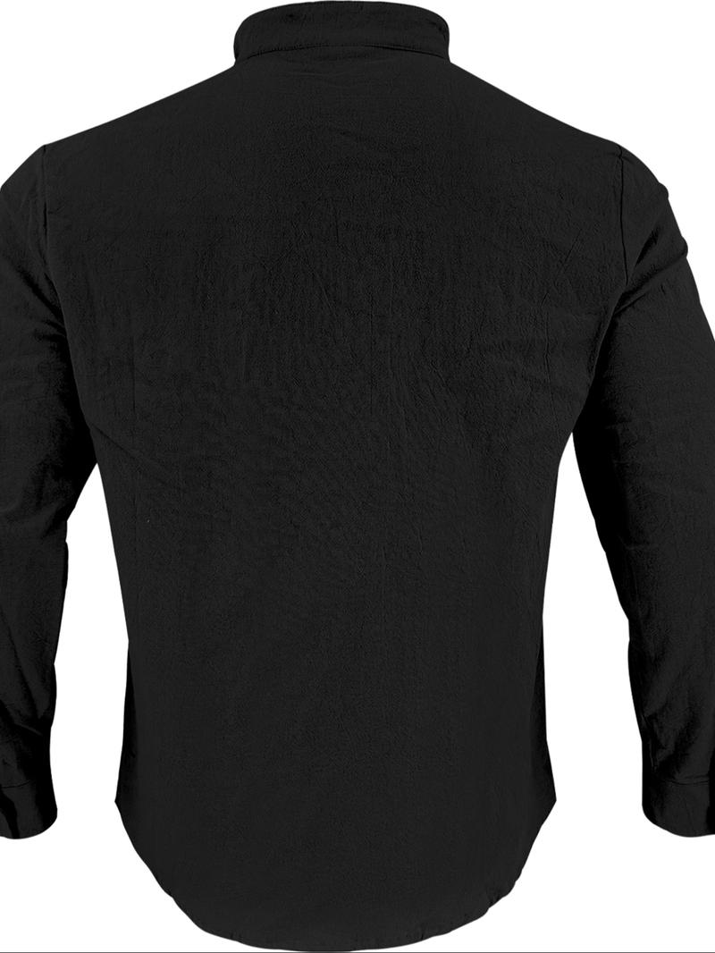 Men's Lightweight Breathable Linen Shirt, Drawstring Collar, Unique Design, Casual Plain Long Sleeve Polo, Perfect for Daily Commute Spring Fall Men's Clothing