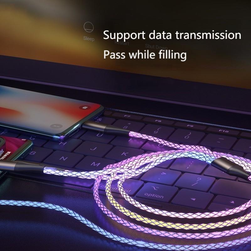 RGB Flow Data Cable 66w Fast Charging, 3-In-1 Car Charger with Ambient Breathing Light, Universal Vehicle USB-C Cable