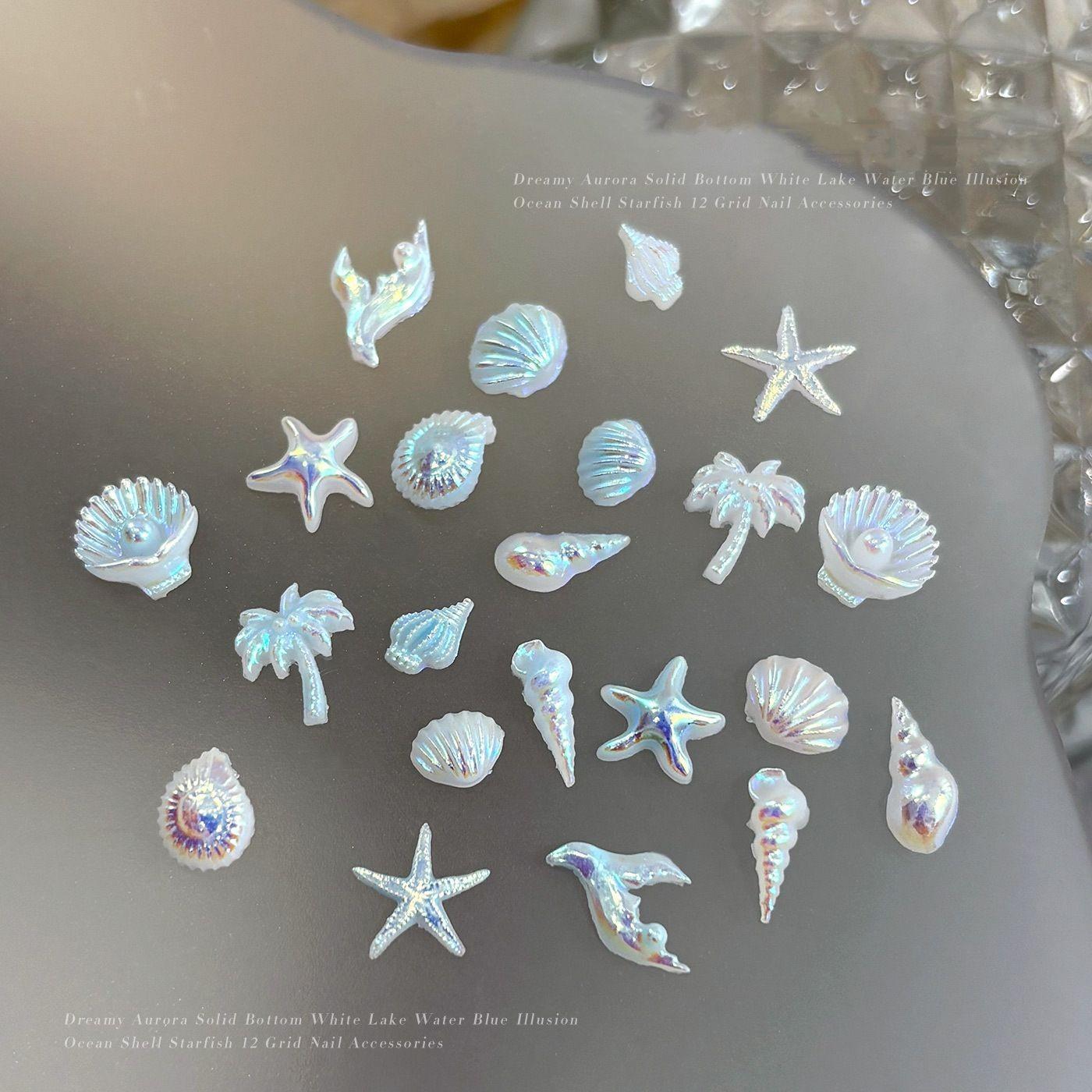 Light Blue Nail Charm Set - Pearl Starfish Shell Nail Pressing DIY Accessory Kit, Ocean Mermaid Style Acrylic Fake Tips, Perfect for Halloween, Christmas, New Year Party Nail Decoration