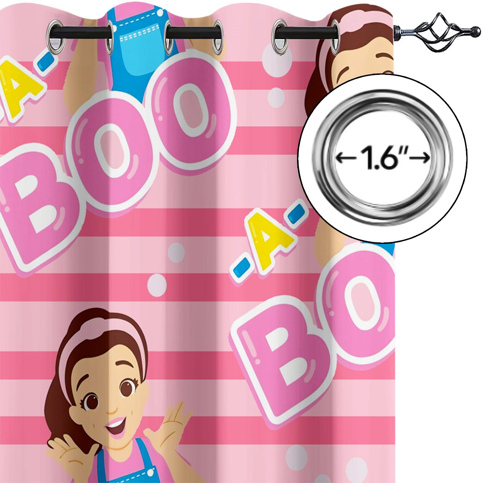 Pink Striped Peek-A-Boo Cartoon Character Blackout Curtain 2Pcs/Set, No Drill Rings, Washable Polyester Fabric, Suitable for Bedroom Living Room Kids Room Decor, Insulation, UV Protection, Best Gift
