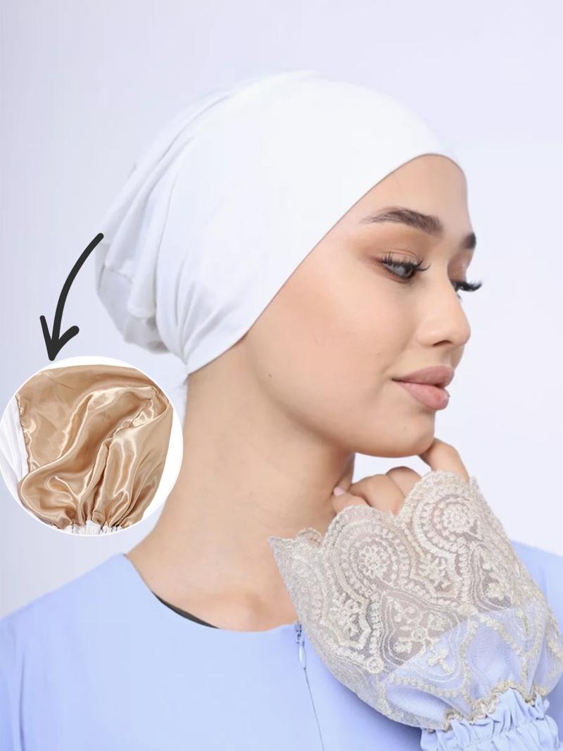 Women's Plain Inner Lined Hijab Cap, Elastic Drawstring Muslim Headscarf Hat, Breathable Modal Comfortable Turban for Daily Wear