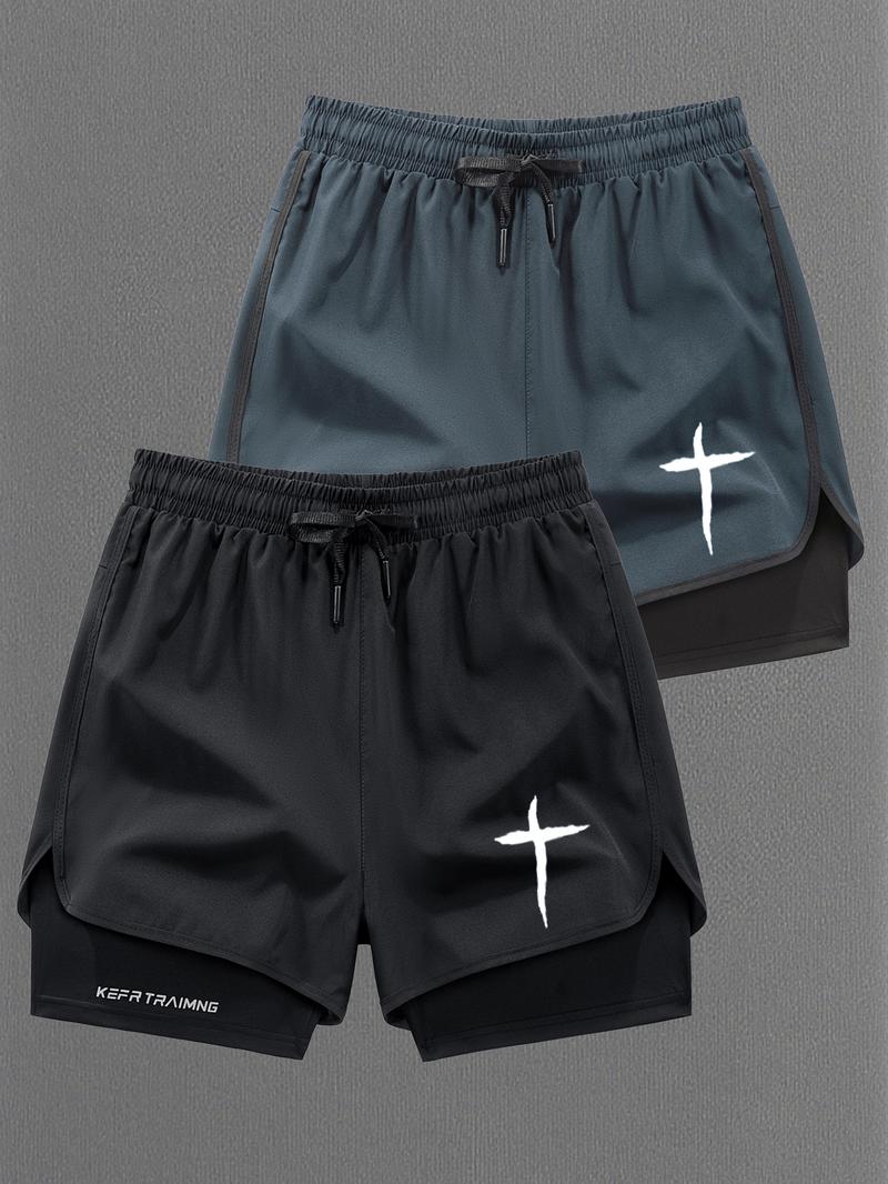 Men Women Regular Fit 2-In-1 Drawstring Waist Sport Shorts, Summer Pocket Print Casual Half Yoga Exercise Shorts, Fashionable Daily Wear