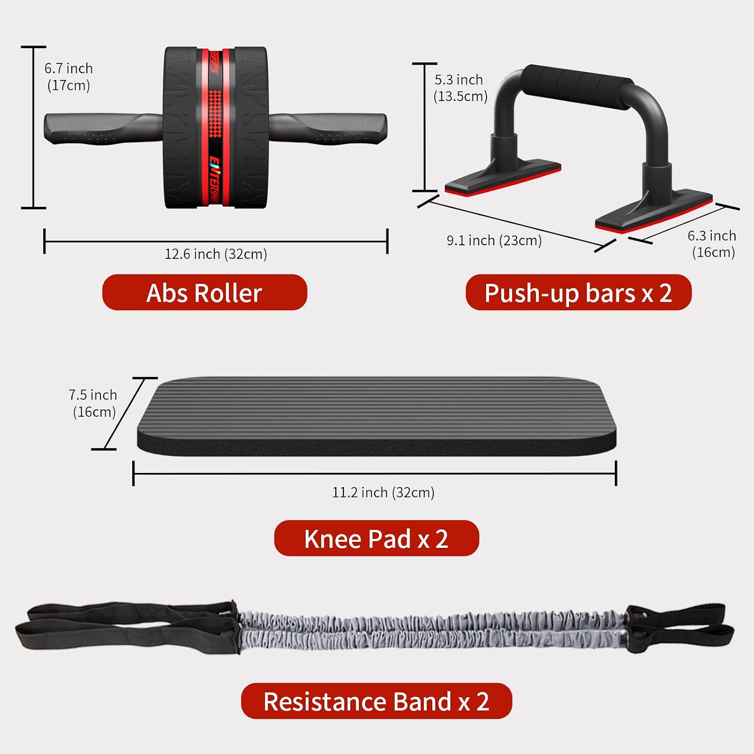 AB Wheel Roller, 6-in-1 Exercise Roller Wheel Kit with Knee Pad, Resistance Bands, Pad Push Up Bars Handles Grips, Perfect Home Gym Equipment for Men Women Abdominal Roller (Red)