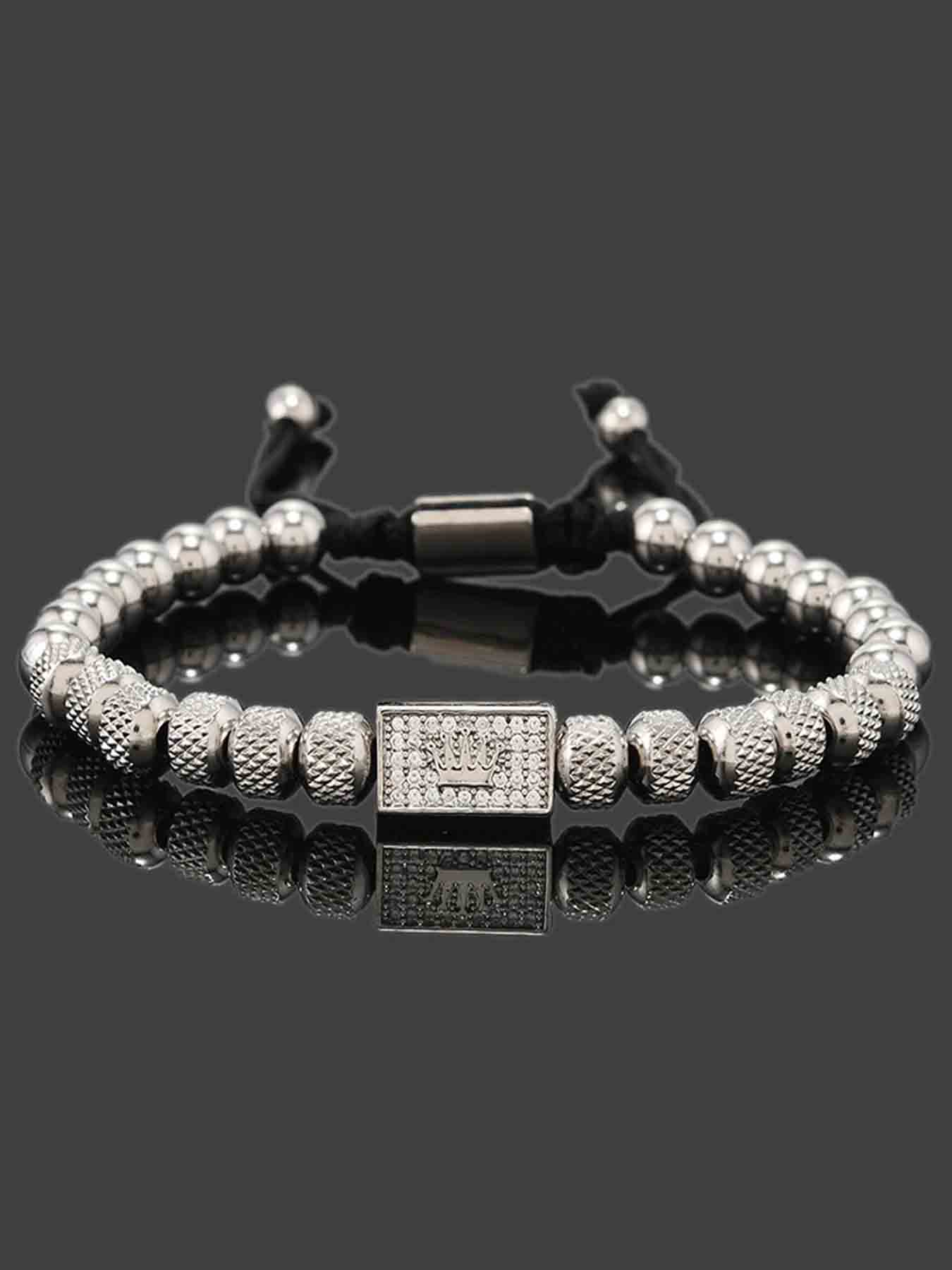 Vintage Stainless Steel Beaded Zircon Crown Handwoven Bracelet, Casual Versatile Men's Trendy Party Adjustable Bracelet, Beaded Bracelets