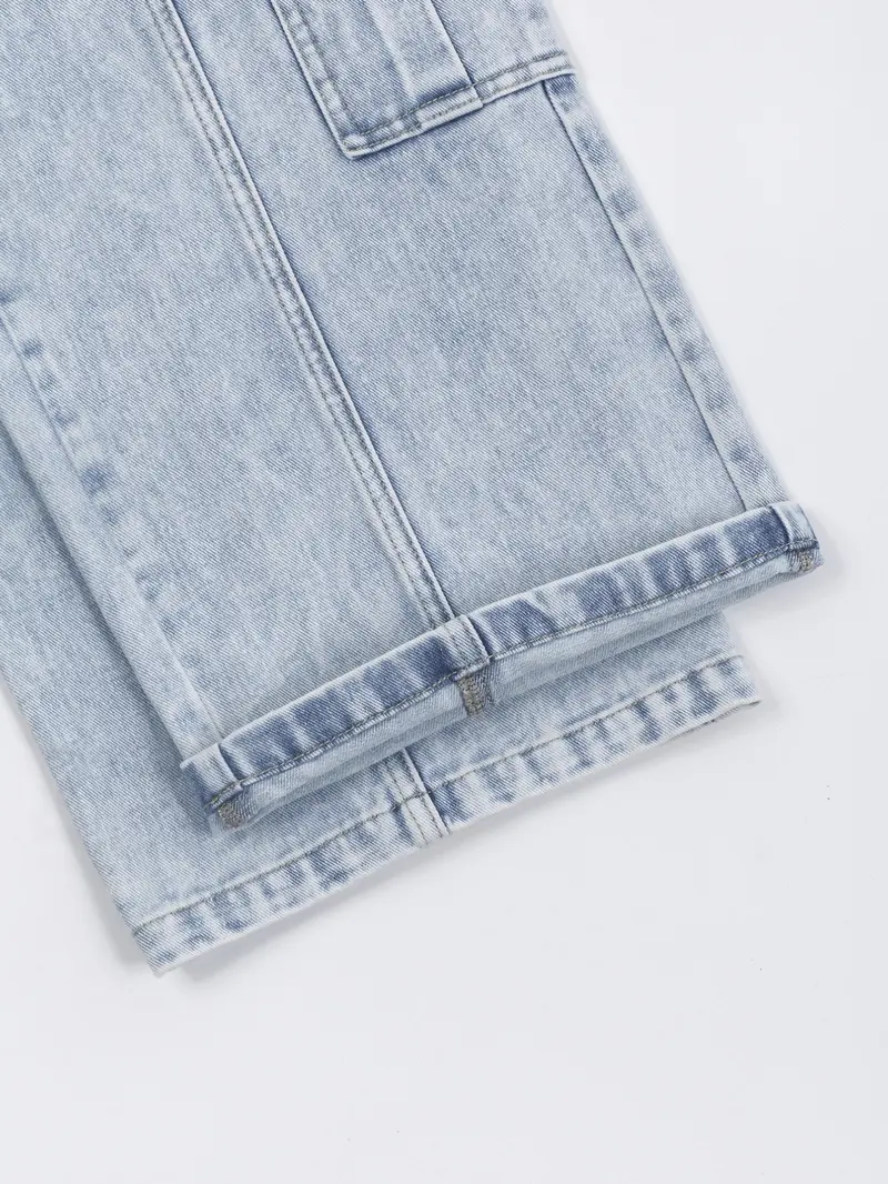 Women's Light Blue Wash High Waist Multi Flap Cargo Pockets Non-Stretch Rigid Denim Fabric Wide Leg Jeans, Baggy Utility Straight Fit Long Pants, Streetwear Casual Daily Commute Outfits for Women TChic