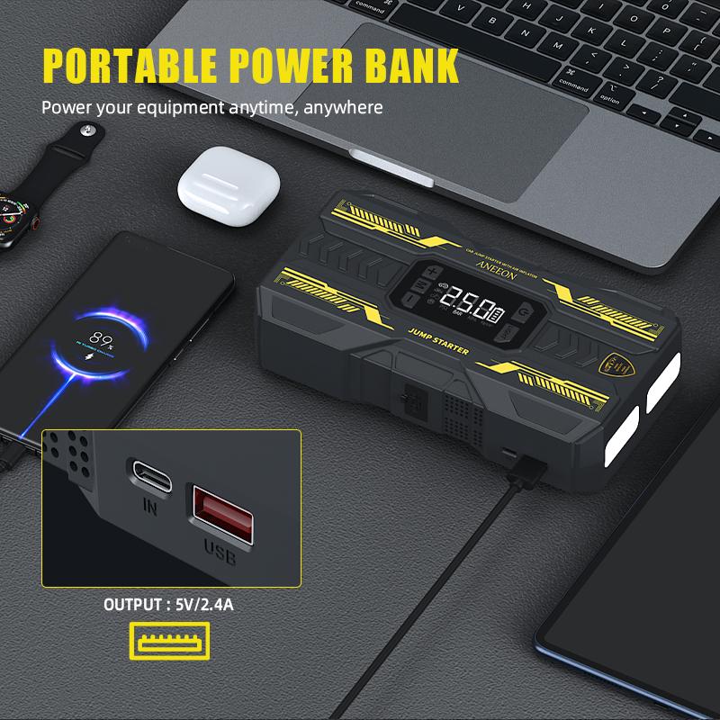 Portable Car Jump Starter (6400mAh / 8000mAh) with Air Compressor, Fast USB Charging and Multiple Safety Protections, Includes Jumper Cables, Car Tool Kit