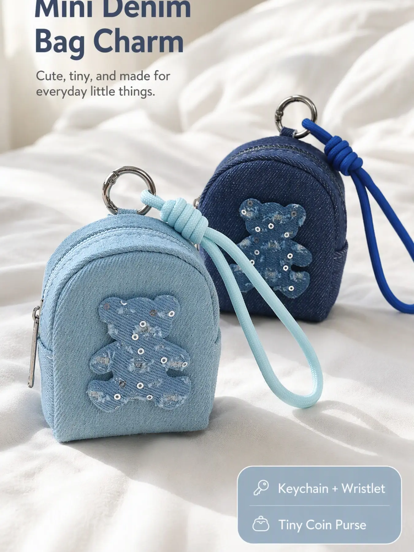 Denim Mini Backpack Keychain with Sequin Bear Pattern, Wrist Lanyard Tiny Coin Purse, Portable Earphone Lipstick Storage Pouch, Cute Bag Charm, Ideal Birthday Holiday Gift for Teen Girls, Cute Keychain Accessory