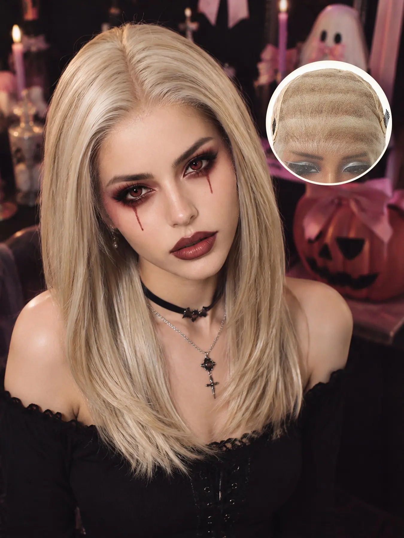 Topshe Halloween Lace Wig for Women, Medium Length Straight Gothic Vampire Costume, Pre-Cut Lace No Glue Quick Wear, 16 Inches Cosplay Party Wig