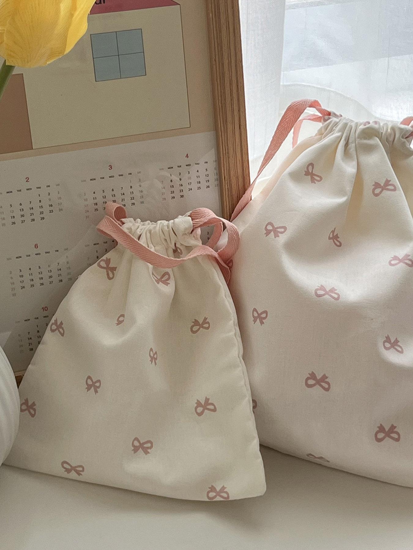 Sweet Bow Print Storage Bag Drawstring Backpack Cute Student Portable Travel Digital Organizer Hanging Bag New Year Valentine's Gift