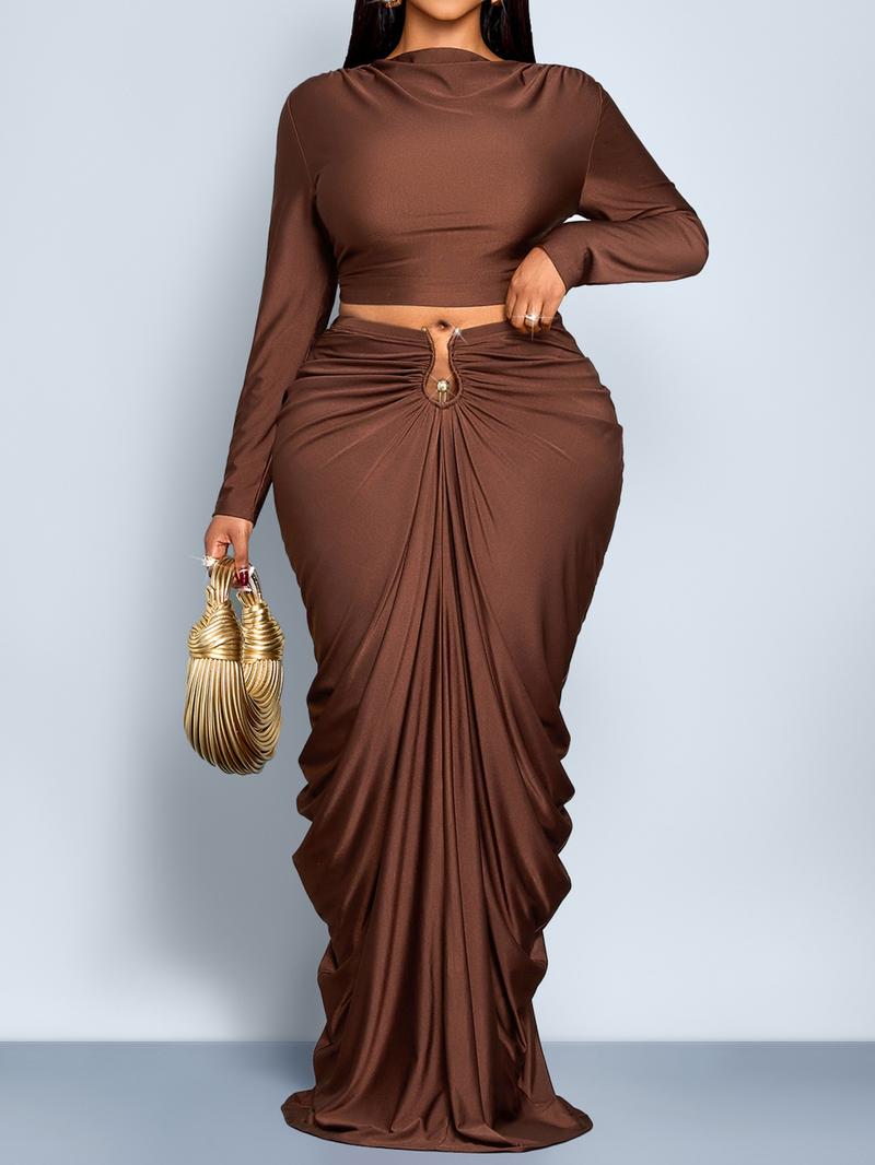 Elegant Women's Two-Piece Set, Fall & Winter High Waist Ruched Skirt, Long Sleeve Round Neck Top, Plain Color, Plus Size Fashion