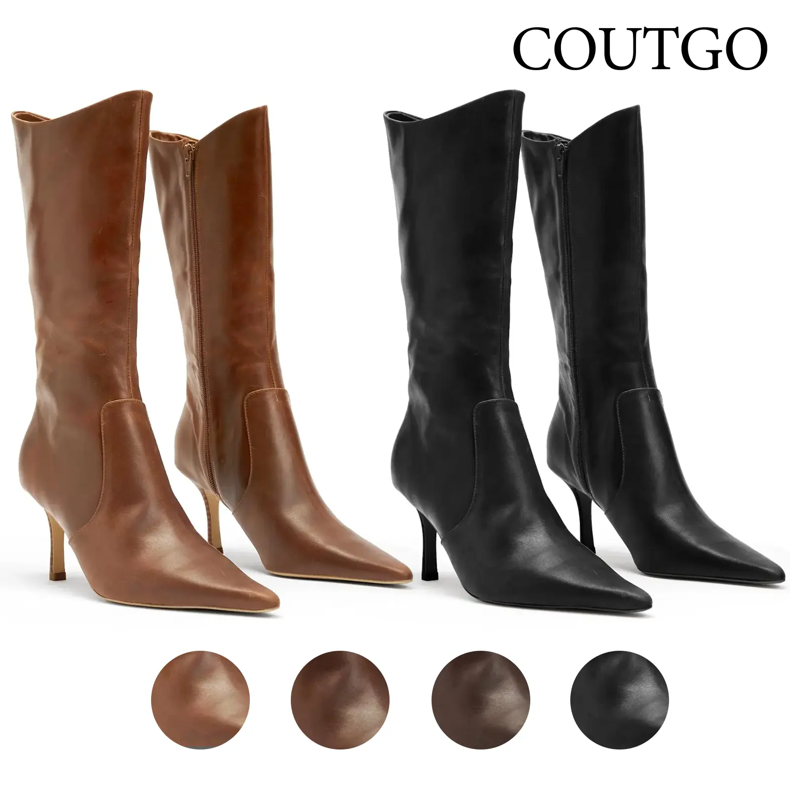 Coutgo Womens Mid Calf Boots Pointed Toe High Heel Long Boots Side Zipper Winter Dress Shoes tiktokshopbacktoschool