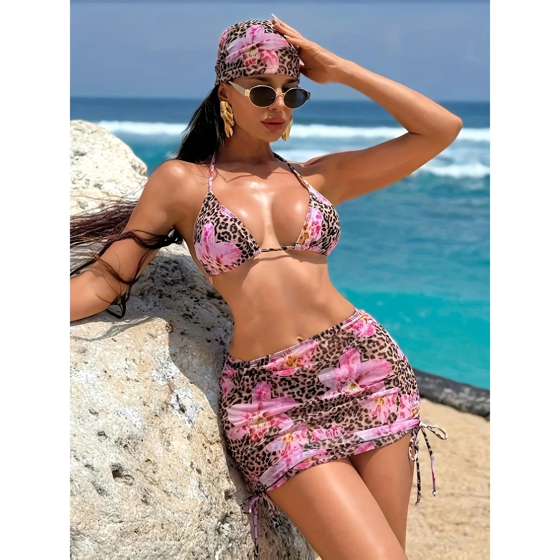 Women's 4-Piece High Stretch Micro Swimsuit Bikini Set - Tropical Plant & Leopard Pattern Halter Drawstring Top, Summer Beach Swimwear