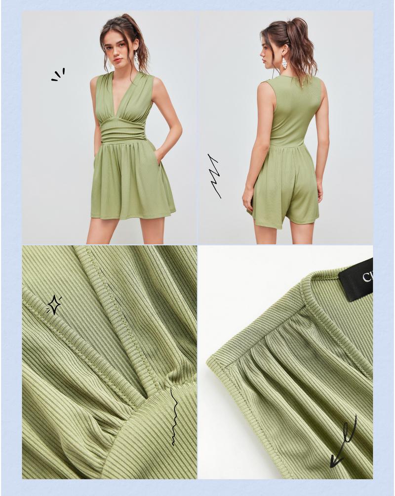 Cider [10 colors, size 0-26] V-neck Ruched Solid Wide Leg Jumpsuit