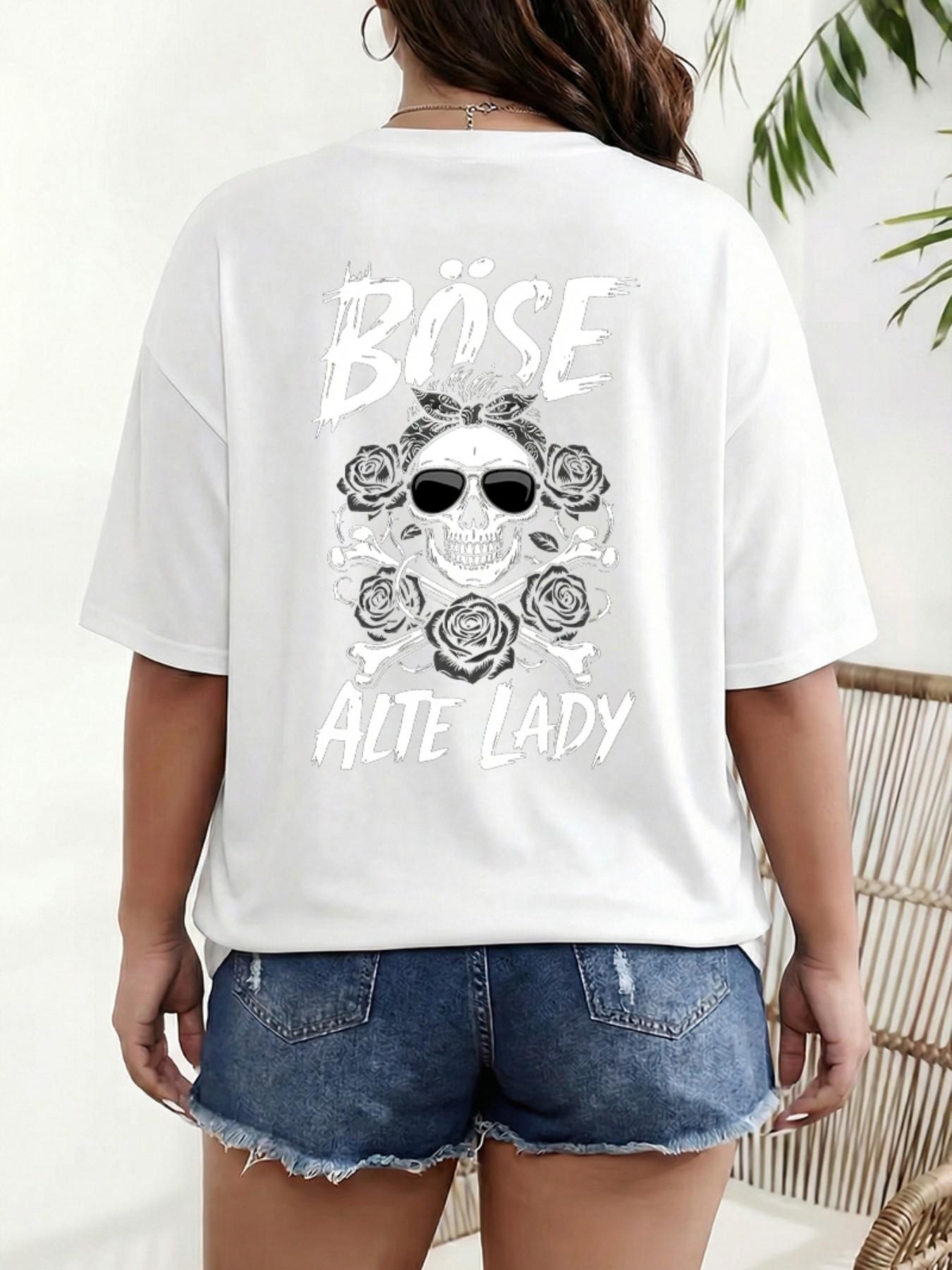 German Retro Design Böse Alte Lady Skull Rose Print Plus Size T-Shirt, Loose Shoulder Pure Cotton Short Sleeve, Casual Summer Top