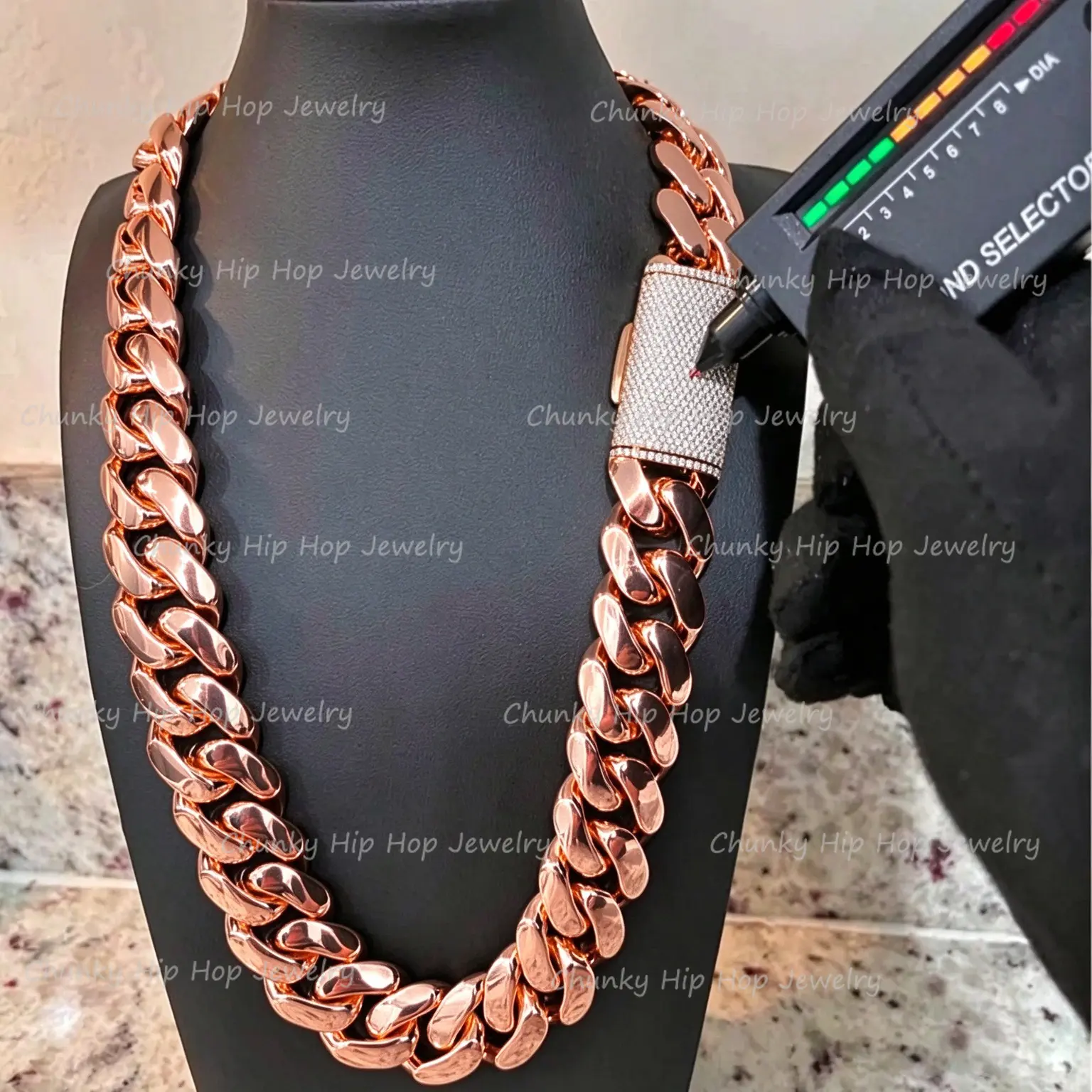 Men's Rose Gold Plated Stainless Steel Cuban Link Chain Necklace - 12-22mm Bold Width, 300g Chunky Men's Accessories, Adjustable Miami Hip Hop Chain with Iced Out Moissanite Clasp, Cool Gifts for Guys