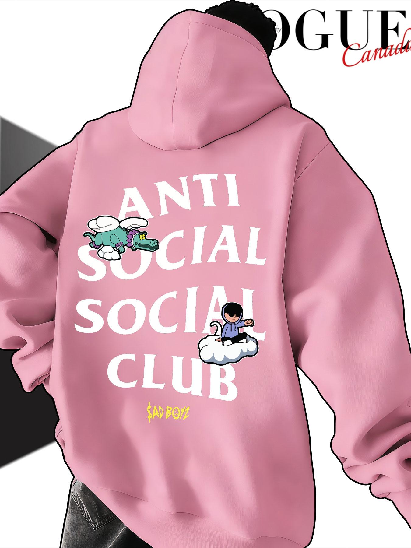 Men's Hooded Sweatshirt Fall Anti Social Social Club Cartoon Print, Casual Loose-Fit Streetwear, Trendy Drop Shoulder Top