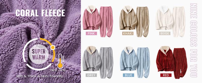 Yeokou Women's Fluzzy Sherpa Fleece Pajamas Warm Pullover Lapel Sleepwear Sets