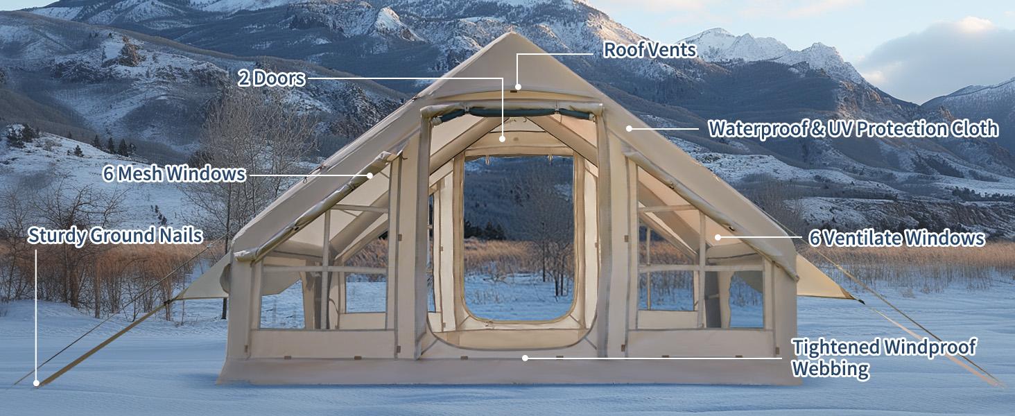 Lilypelle Inflatable Tents for Camping, Blow Up Tent with Hand Pump, Easy Setup Inflatable Hot Tent with Stove Jack, Waterproof Oxford Air Glamping Tents for Camping Adult 4-6 Person