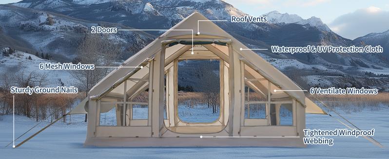 Lilypelle Inflatable Tents for Camping, Blow Up Tent with Hand Pump, Easy Setup Inflatable Hot Tent with Stove Jack, Waterproof Oxford Air Glamping Tents for Camping Adult 4-6 Person