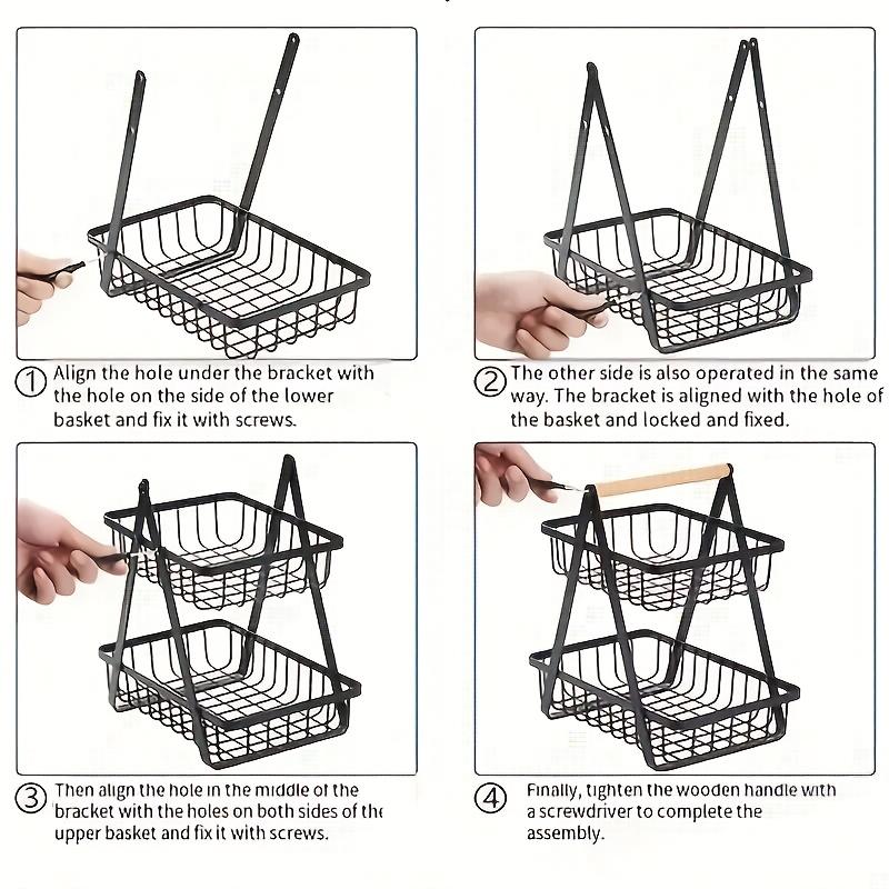 1pc 2/3-Tier Iron Drain Basket with Wooden Handle - Removable Wire Mesh Food-Safe Countertop Storage Organizer for Kitchen, Bathroom, Fruits & Vegetables - Space-Saving Home Organization Solution, Kitchen Storage Basket, Bathroom Organizer,