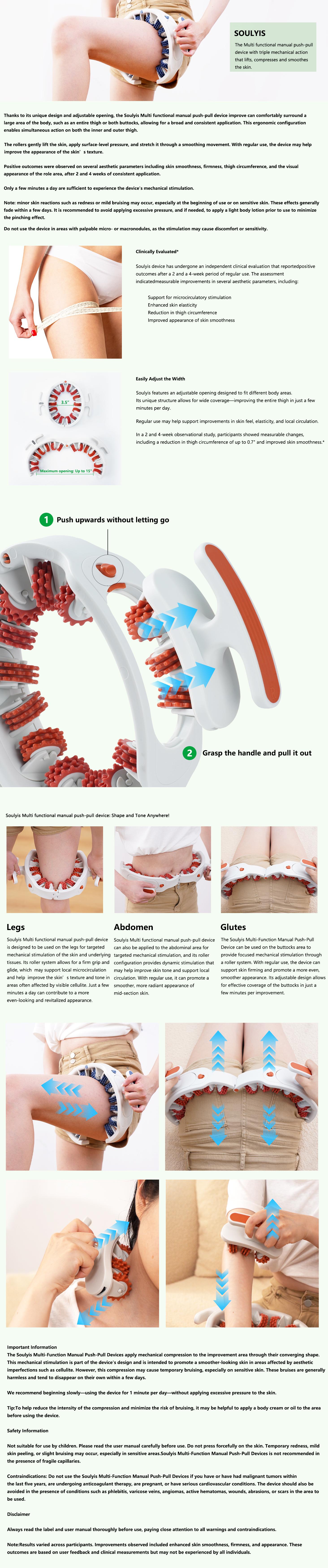 Soulyis Cellulite Manual Push-Pull Roller for Thigh Calf & Waist - Deep Tissue Pain Relief Body Shaping Tool for Pilates Yoga